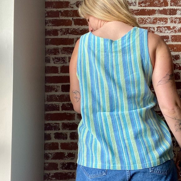 Linen blend blue and green striped tank - Picture 2 of 7
